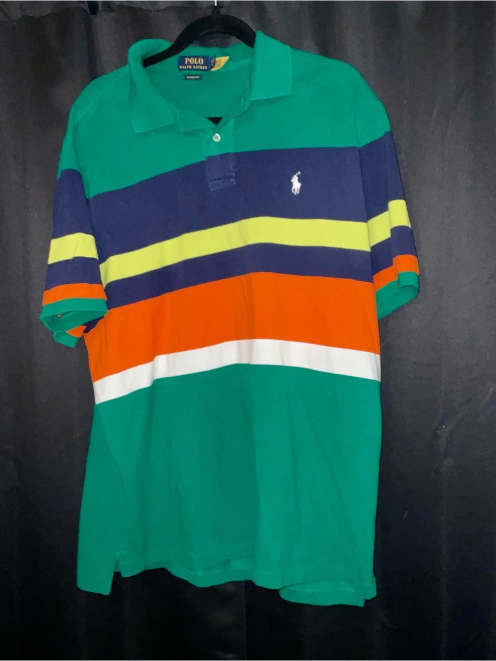 Two Men’s Polo by Ralph Lauren Green Multi-Stripe Polo with Orange, Navy & Yello